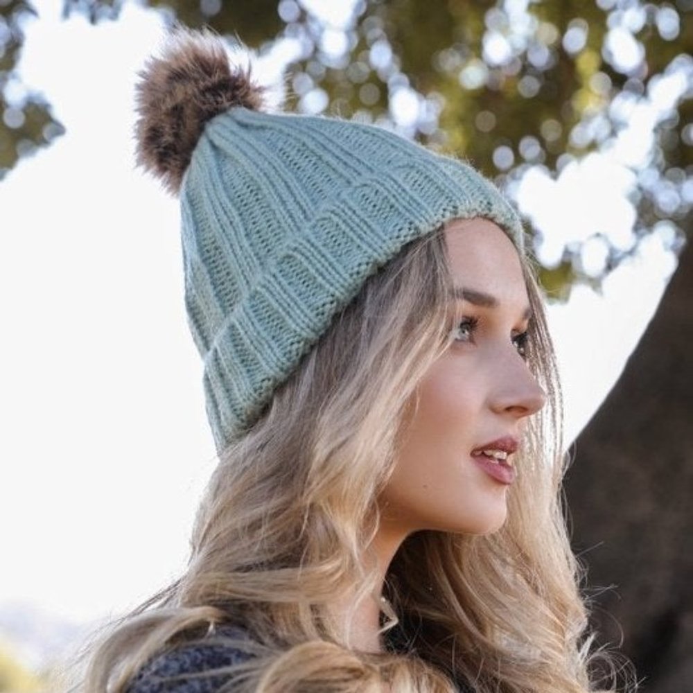 Mint Faux Fur Ribbed Beanie